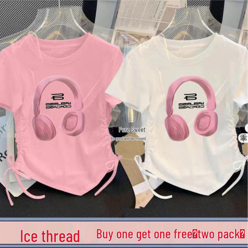 Girls' New Chinese Style Two-Piece Drawstring Summer T-Shirt Set - Printed Fashion Short Sleeve Top