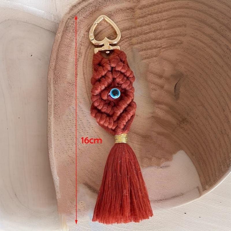 Macrame Eye Keychain Handcrafted Boho Woven Tassel Bag Charm Ethnic Style Key Ring for Travel Souvenir Car Key Pendant