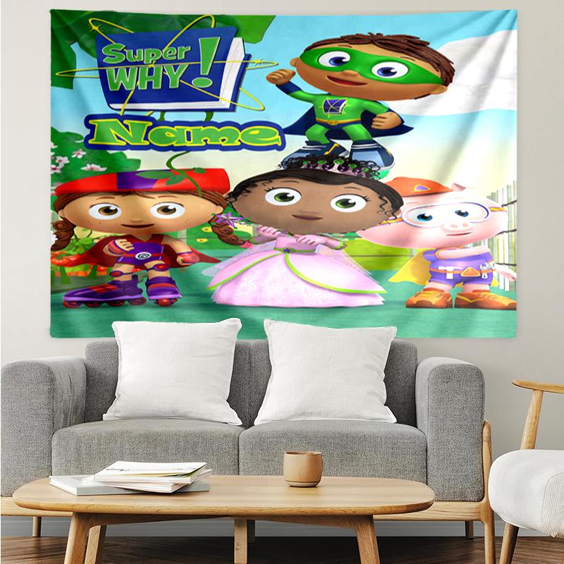 Custom Name Super Why Print Tapestry, Backdrop, Easy Setup, Ideal for Bedroom, Office & Living Room, with Aesthetic Wall Hanging Decor.
