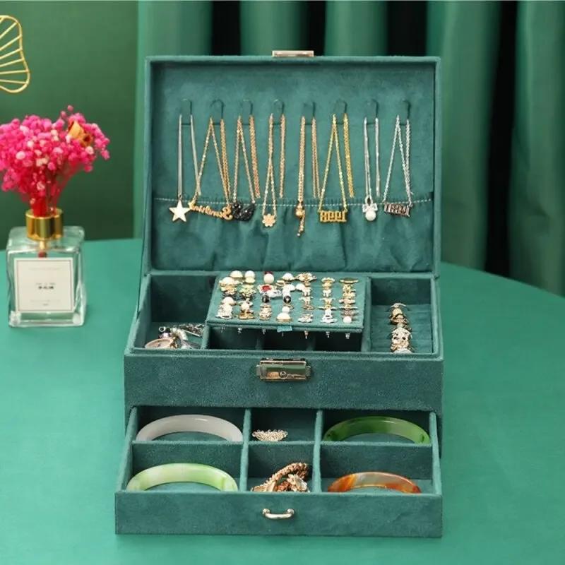 Pánské a dámské vintage šperkovnice, úložné boxy s velkou kapacitou, luxusní šperkové prostory, jemný měkký tmavě zelený samet