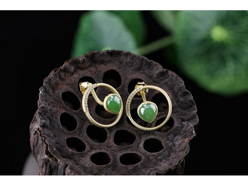 Gold-Plated 925 Sterling Silver Hetian Jade Two-Way Stud Earrings for Women with Certificate