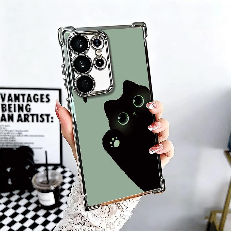 Black Cat Cartoon Cute Plating Phone Case For Samsung Galaxy S24 S25 FE S26 Edge S23 Ultra S22 S21 Plus S20 Anti-Fall Airabag Co