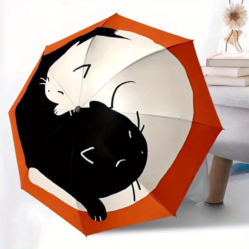 1pc Cats YinYang Automatic Open 8-Rib Windproof Umbrella, Travel & Commuting, Suitable for All Seasons, Lightweight Portable 071