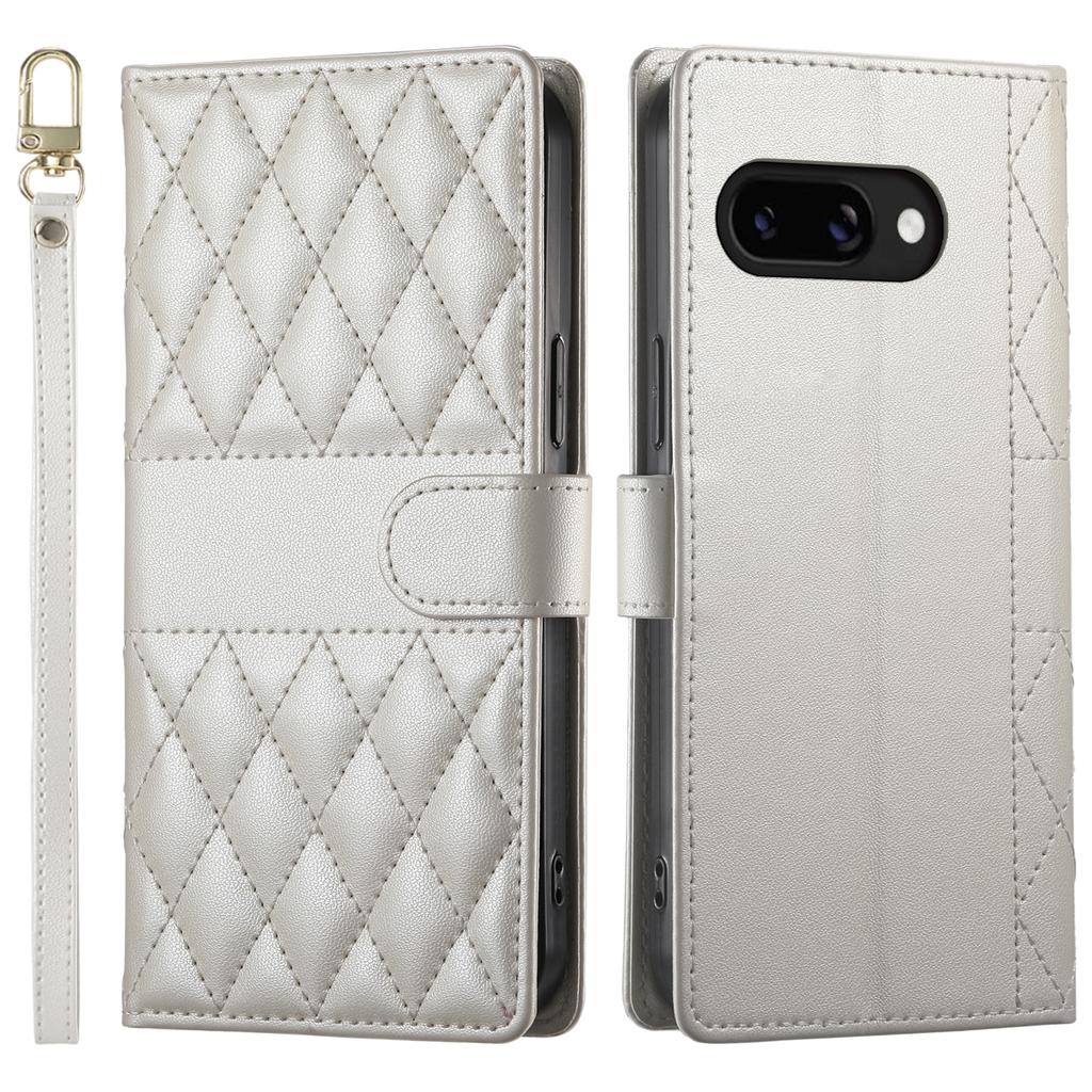 For Google Pixel 9a Case Rhombus Stitching Wallet Stand Leather Phone Cover with Long/Short Strap