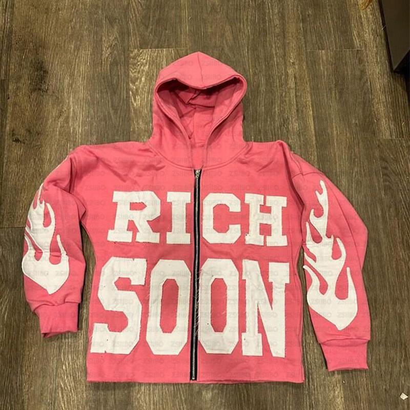 Unisex Hooded Zip-Up Sweatshirt With Letter Print Loose Fit Streetwear Casual Pullover
