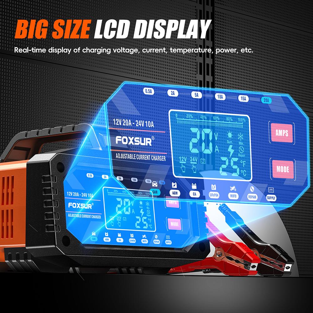 For AGM GEL SLA Lead-Acid LiFePO4 7-stage Chargers Smart Battey Charger 12V 24V 20A 10A Large Screen Digital Display Car Motorcycle Battery Charger