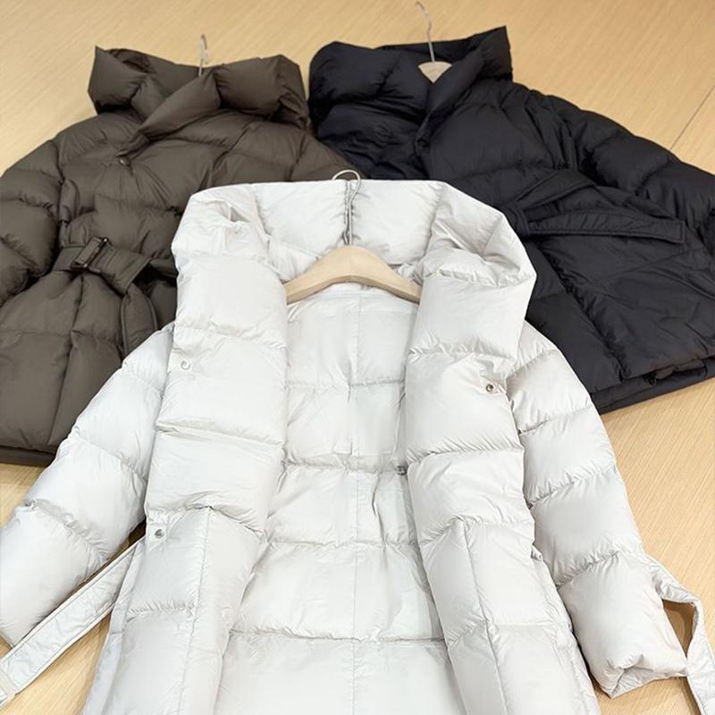 Winter Hooded Women's Down Jackets Warm Casual Lace Up Coat Puffer Jacket Belt Elegant Parka Overcoat