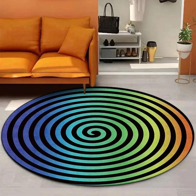 Crystal Velvet Psychedelic Round Rug, Abstract Geometric Illusion Print Non Slip Floor Mat for Living Room, Bedroom, Sofa Decor