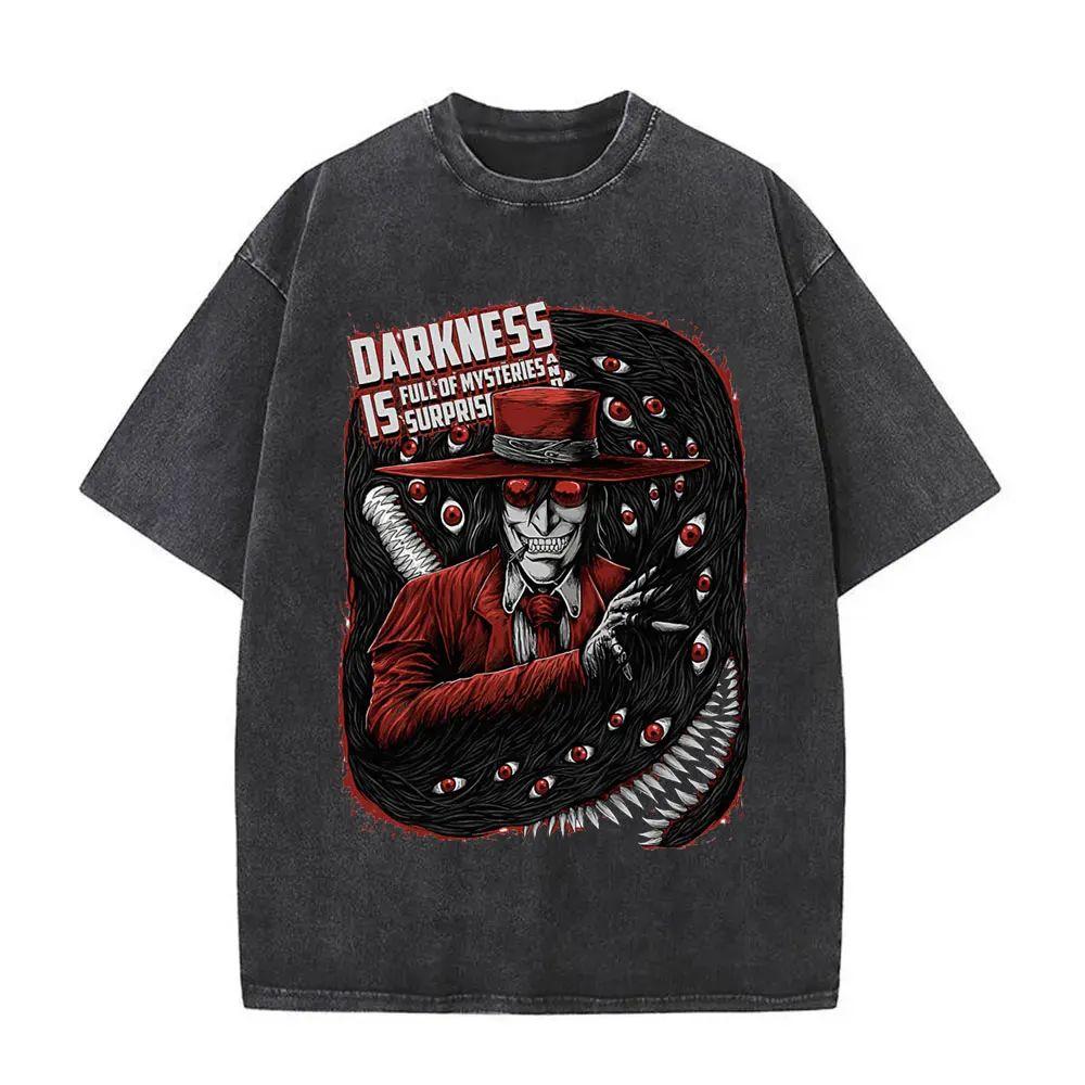Summer Washed Vintage Anime Hellsing Abraham Van Helsing Vampire Alucard Print T-shirts Manga Oversized T Shirts
