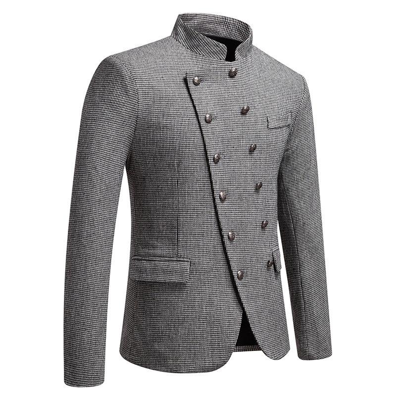 Men's Business Slim Fit Suit Jacket Stand Collar Slanted Placket Blazer Casual Outerwear Men