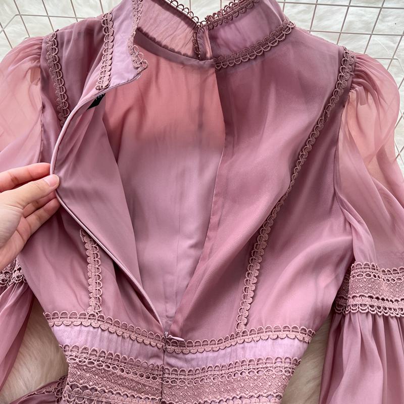 New Heavy Craft Lace Embroidery Hollow Out Party Evening Long Dress Women's Stand High Waist Lantern Sleeve Dresses Holiday