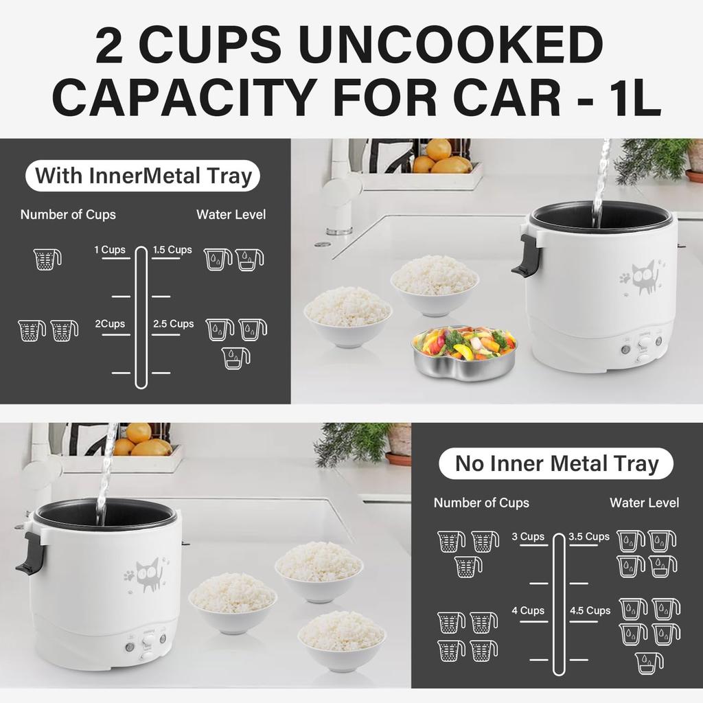 OSBA Mini Rice Cooker, 1L Small Rice Cooker 2 Cup-uncooked Travel Rice Maker 12V for Car with Steamer, Auto Keep Warm Suitable For 1-2 People, White