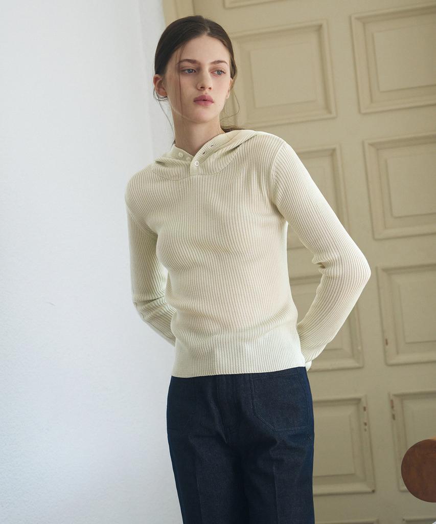 Deuloupisumeon Ribbed Button Hooded Knit Pullover [Cream]