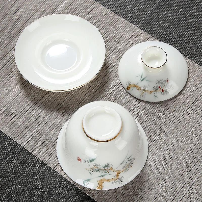 White Jade Porcelain Tea Bowl, Tea Cup and Saucer, Gaiwan, High-End Chinese Household Tea Set, Ceramic Puer Teacups, Tureen