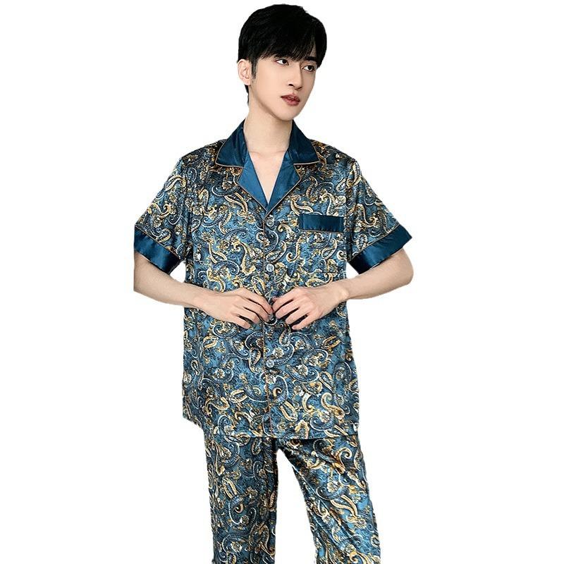 Pajamas men's summer ice silk short-sleeved trousers thin men can wear 1011 light luxury home simulation silk home suit