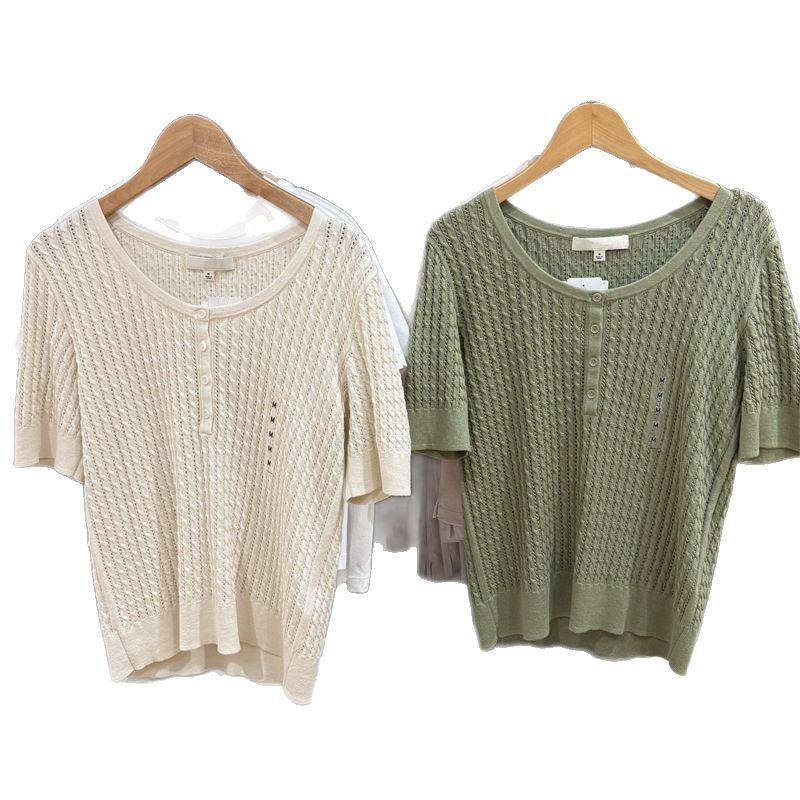 2025 Spring/Summer Women's Japanese-Style Henley Neck Short Sleeve Knitted Sweater Top