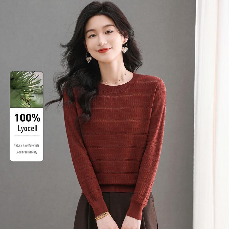SNOWFLYING Women s 100% Lyocell Striped Round Neck Knit Top XL