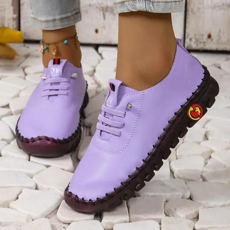 New Women's Handmade Flat Sneakers Comfortable Slip On Lace Up Round Toe Shoes Hand Sewing Thread Mom Shoes Zapatillas De Mujer
