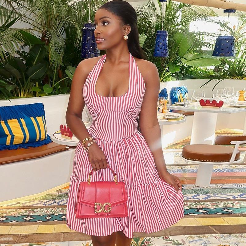 Women's Fashion Halter Dress Digital Print Chest Wrap Headless Sleeveless Backless A-line Dress