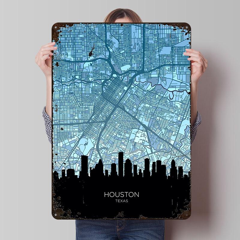 Houston Texas Skyline Map Metal Poster Customized Wall Art Retro Vintage Tinplate Signs for Man Cave Bedroom Decorations House