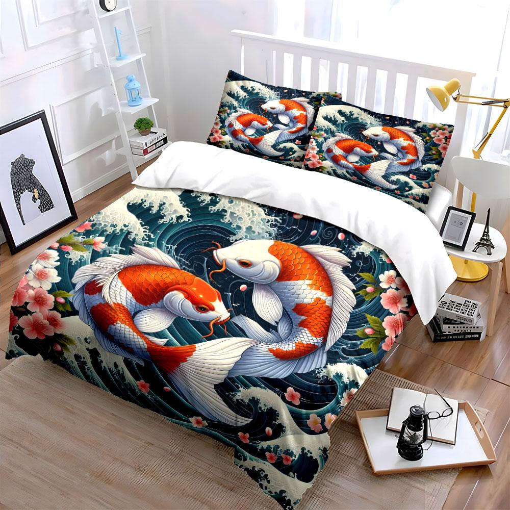 Koi Fish Artistic Decor Set Soft Comfortable Duvet Cover Bedding Set Included 1*Duvet Cover & 2*Pillowcases, Gift