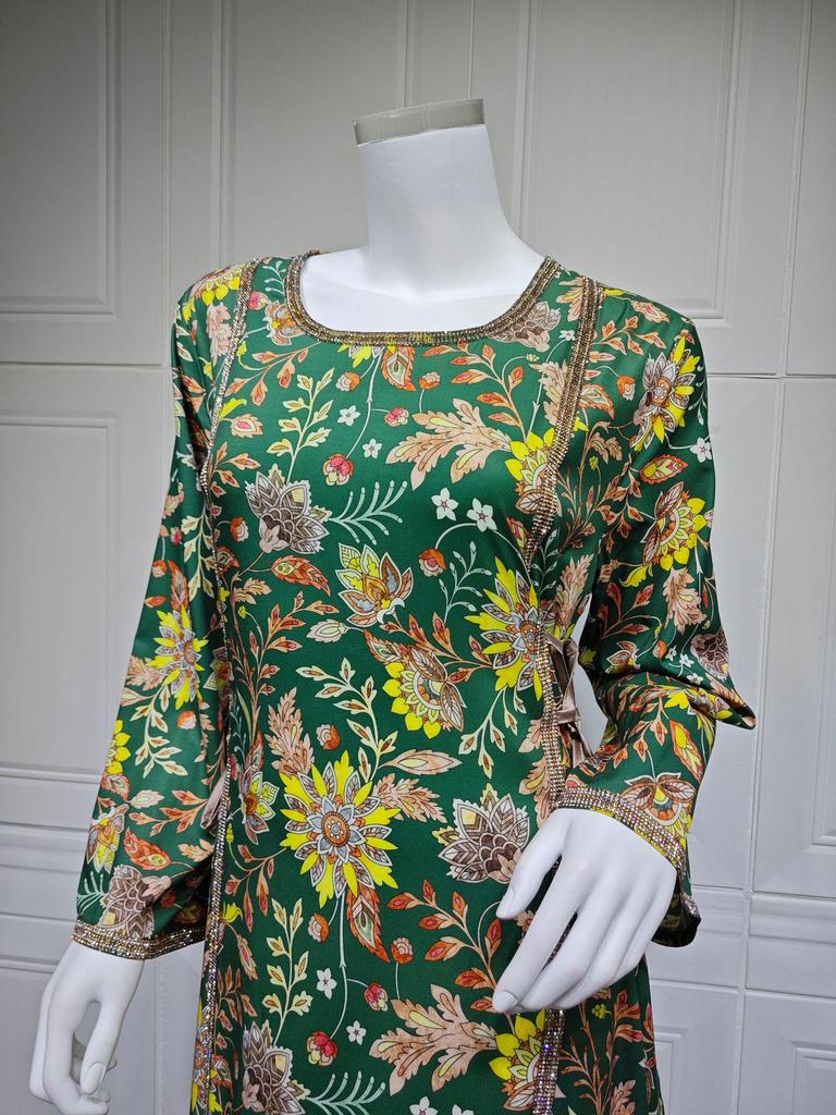 AB439 Middle Eastern Women's Diamond-Studded Fashion Print Jalabiya Robe