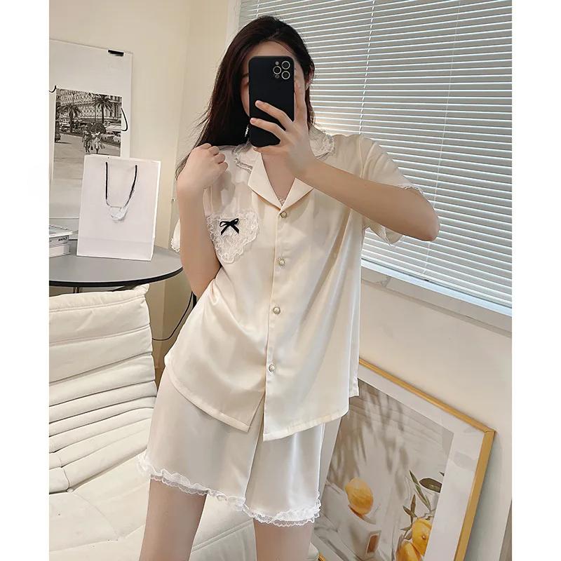 Sexy Nachtwäsche Damen Süßes Koreanisches Rosa Kurzärmelige Shorts Schlafanzug Hausanzug Set Cardigan Revers Spitze Kante Damen Pyjama
