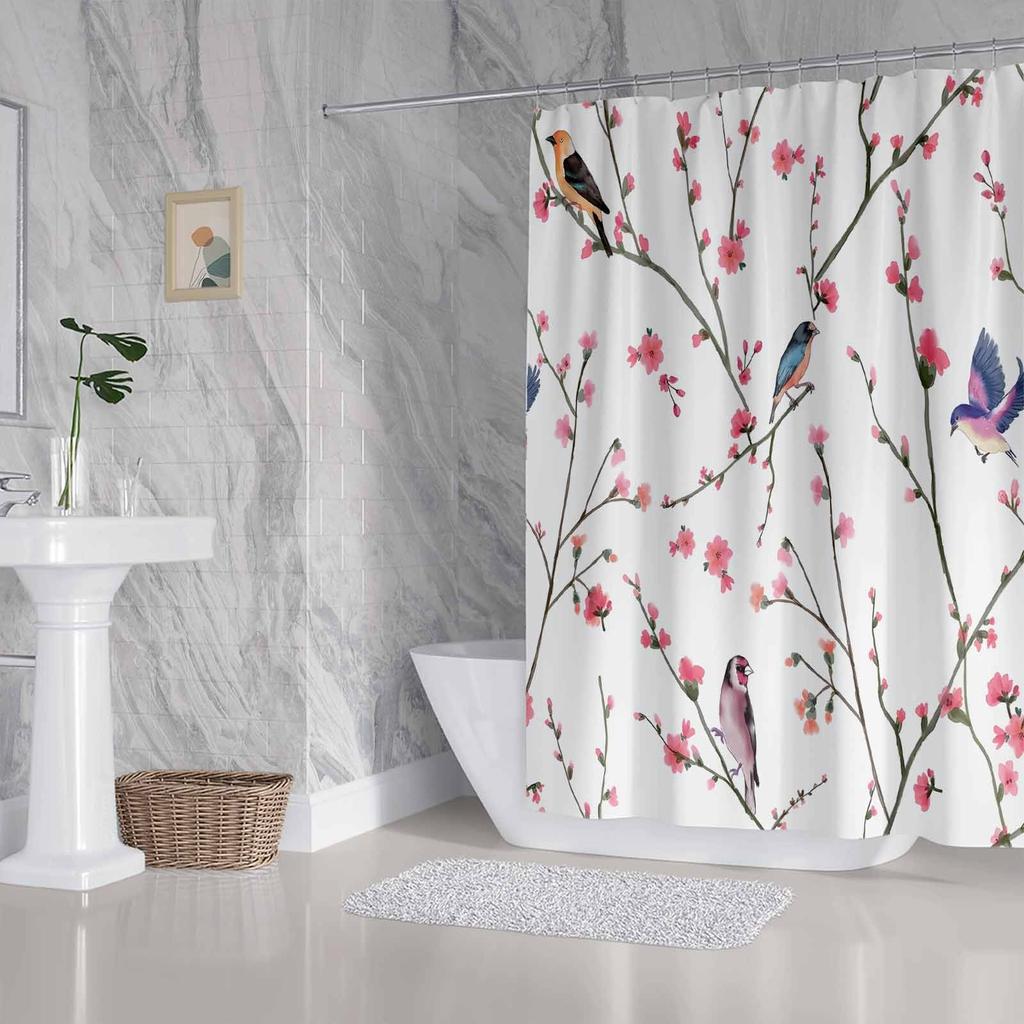 1Pc Simple Floral And Bird Pattern Shower Curtain, Polyester Fabric, Machine Washable, Suitable For Bathroom Decoration