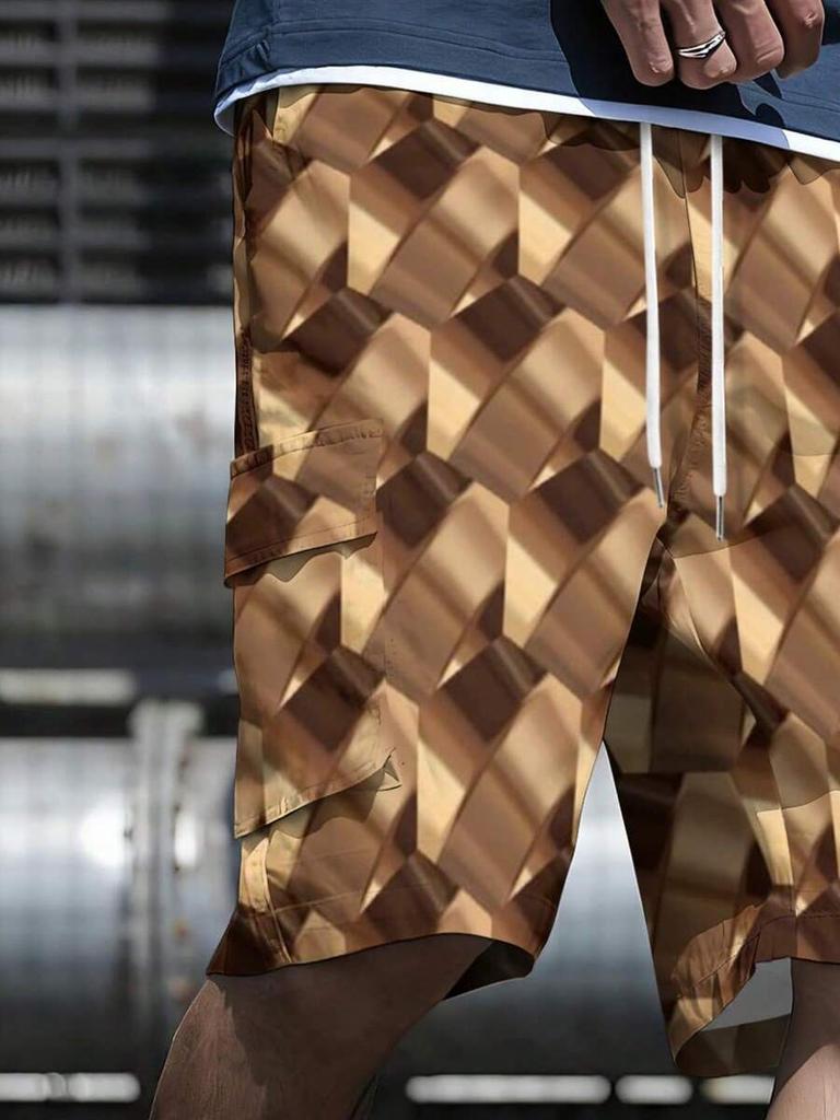 One 3D Geometric Woven Fabric 3D Texture Men's Daily Casual Streetwear Summer Brown With Gold & Brown 3D Geometric Men's Cargo Shorts