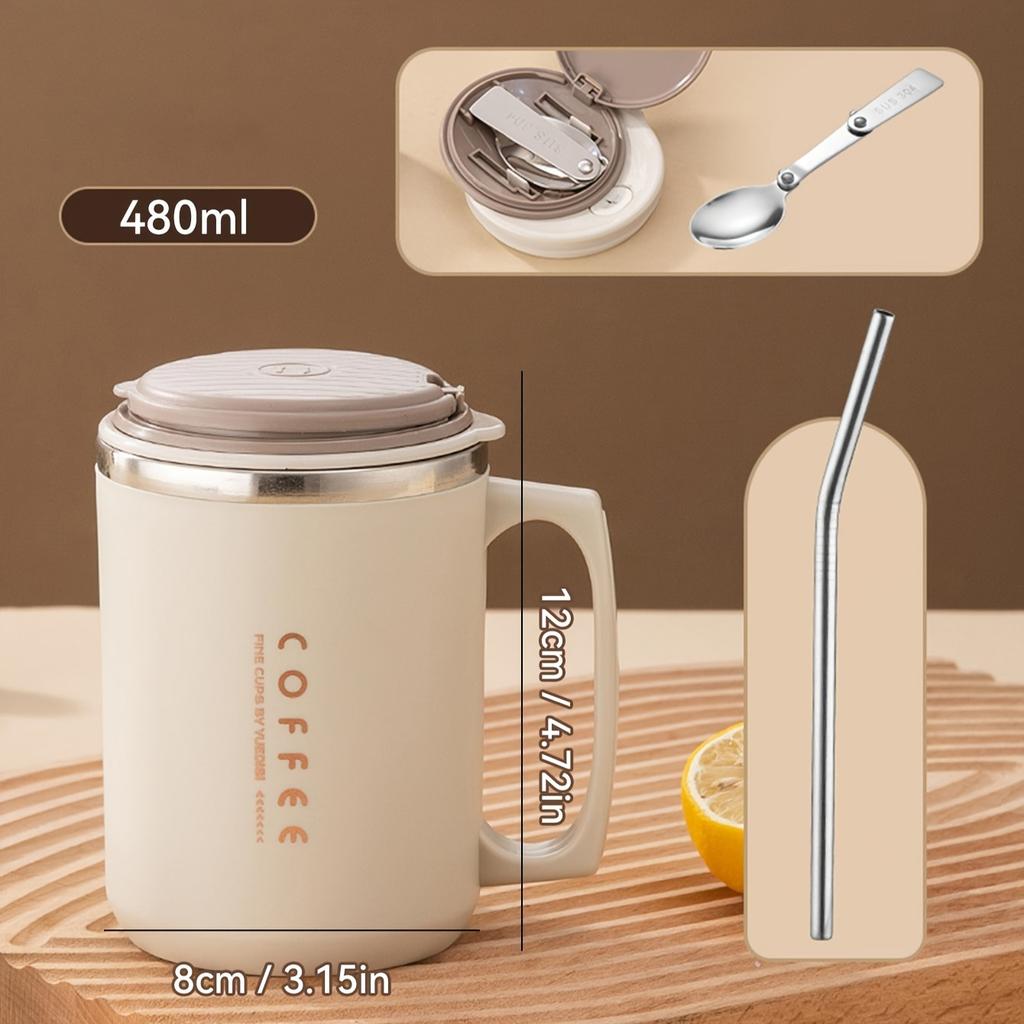 480ML Double-Wall Insulated Mug With Spoon&Straw 304 Stainless Steel Coffee Cup Sealed Water Cup Reusable Drinkware For Student