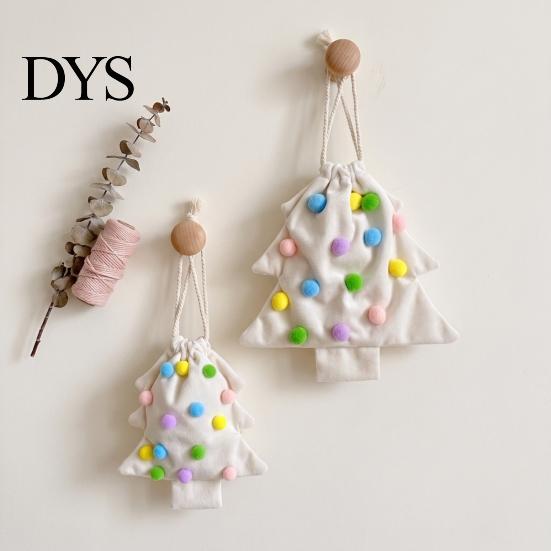 Soft Fabric Party Favors Christmas Tree Drawstring Gift Bag, Plush Pom Bell Hanging Cute Fur Ball Ornaments Ornament, Reusable Candy Pouch Decor