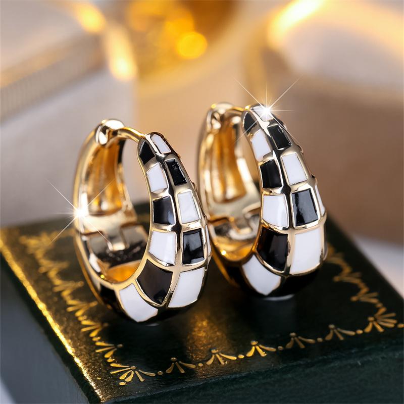 1 Pair Golden Color Black White Enamel Circle Earrings Women Wedding Drop Earrings Jewelry