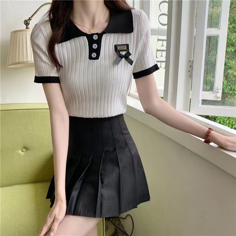 

Summer design sense niche ice silk knitted short-sleeved t-shirt women s ins Korean version slim and thin polo shirt short top One size fits all фіолетовий