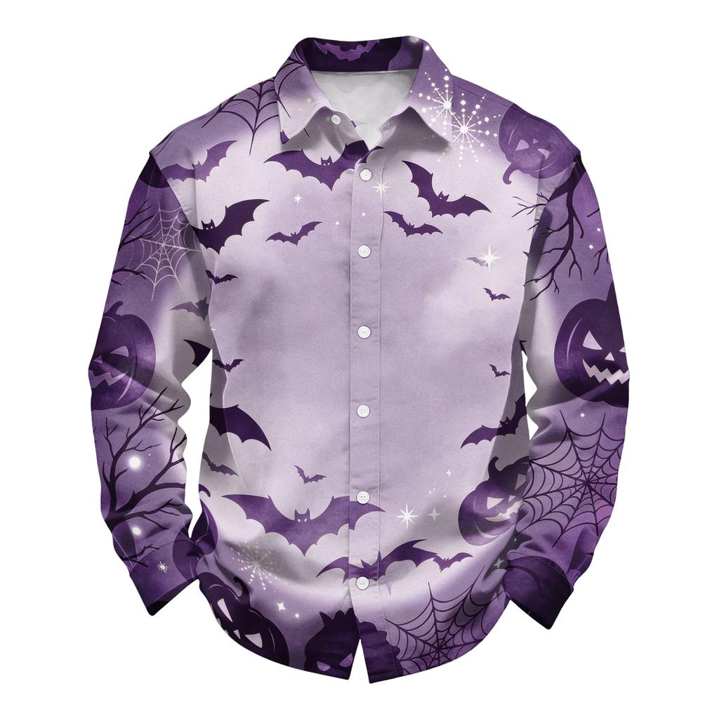 Men's Loose Fit Long Sleeve Shirt with Spread Collar Halloween Themed Casual Vintage Style Breathable Fabric Suitable for Outdoor Workwear