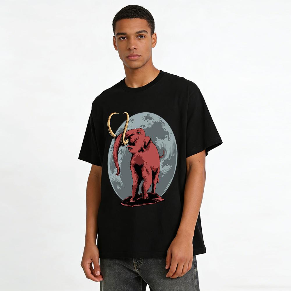 Vintage Woolly Mammoth Moon Print Casual Short Sleeve T-Shirt Pure Cotton T-shirt