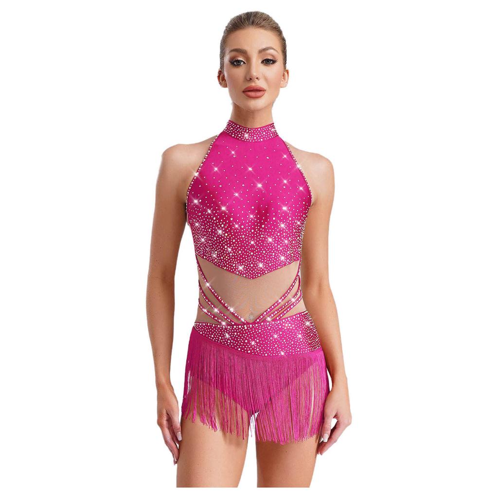 Womens Rhinestones Latin Dance Performance Gymnastics Figure Skating Costume Jazz Dance Outfits Tassels Adorned Leotard Bodysuit
