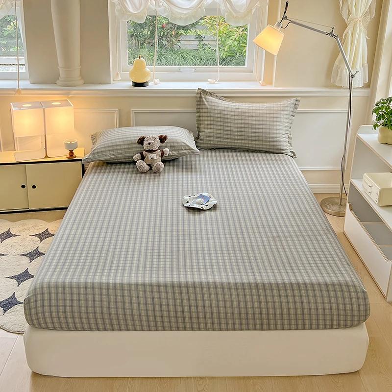 Plaid Fitted Sheet With Elastic Band Non Slip Adjustable Mattress Cover Soft Comfortable For Single Double King Queen Size
