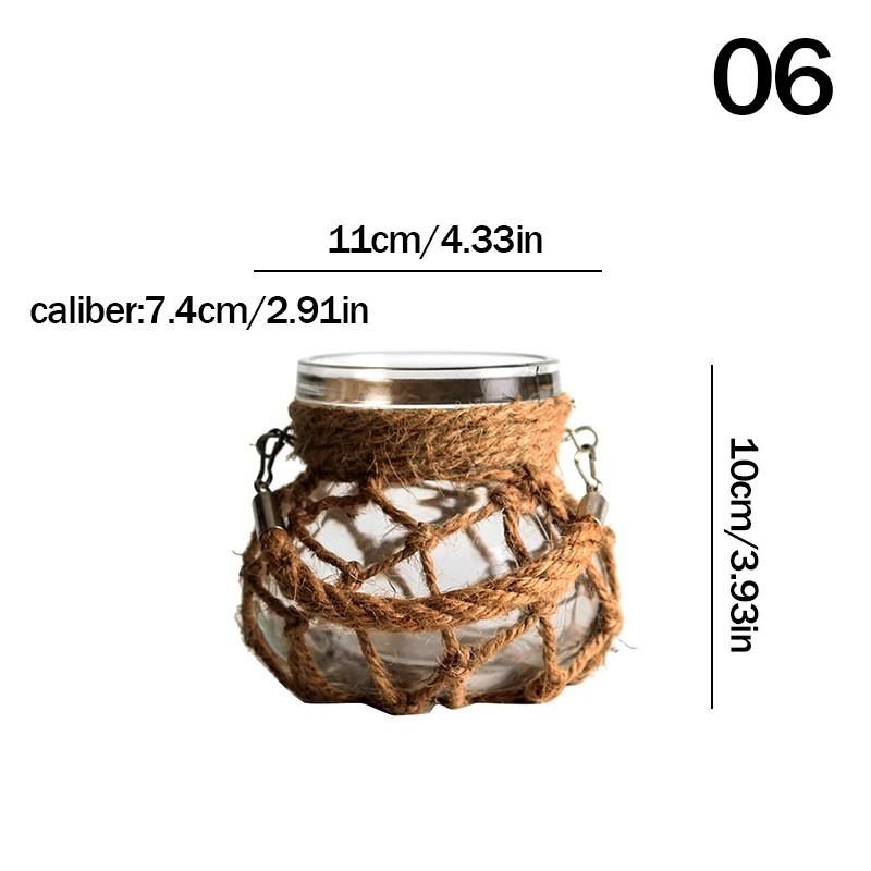 Hand Glass Vase Dry Flower Decor Woven Hemp Rope Vase Art Retro Hydroponics Vase Transparent Living Room Decor Table Ornament