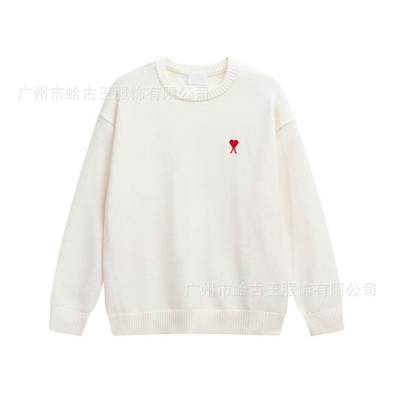 Unisex Winter Strickpullover Mit Roter Gestickter Herz-Detail Rundhalsausschnitt Lockerer Schnitt Baumwollmischung Jugendliche Erwachsene