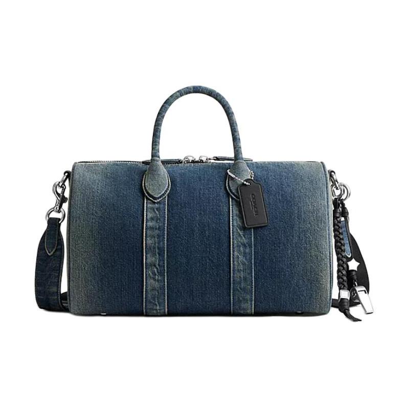 

COACH COMPASS 35 Leather Tag Pendant Silver Hardware Fabric One-Shoulder Crossbody Handbag Large Size Unisex Couple Style Blue синій