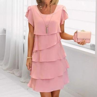 Lässiges rosa Schichtkleid für Frühling/Sommer mit kurzen Ärmeln und Rundhalsausschnitt