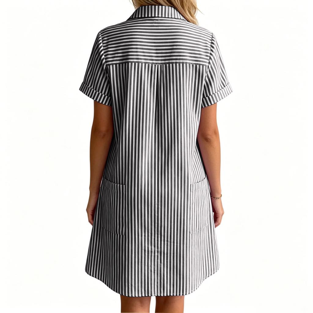 Women's Loose Fit Plus Size Striped Short Sleeve Shirt Dress Casual Mid Length Button Down Dress with Pockets Summer Style