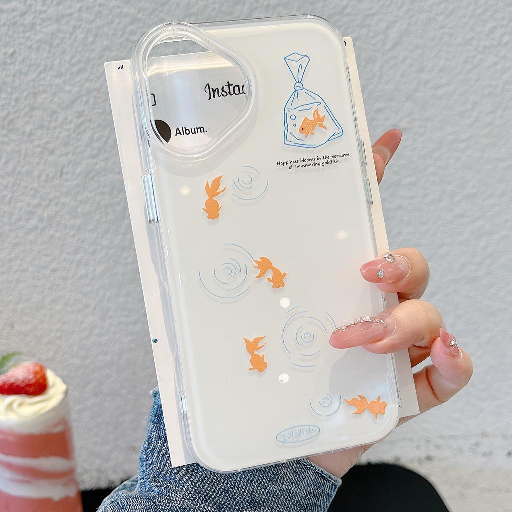 Cute Goldfish Water Ripples IMD Phone Case for iPhone 13 14 15 16 Pro Max Jelly Shell Cover Creative Fish Pendant Girly Gifts