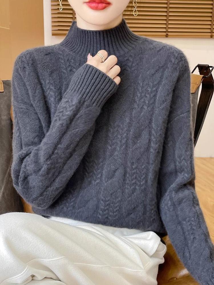 Eleganter beiger Pullover für Damen - Langärmlig, hoher Kragen, Zopfmuster, mittlere Dehnbarkeit, perfekt für Herbst & Winter, gemütliche Winterbekleidung | Zopfmusterpullover