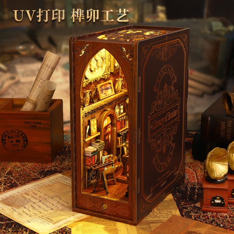 Creative Art Deco Wooden Bookends-DIY 3D Puzzle Miniature Library Scene Stress Relief Craft Desk Decor