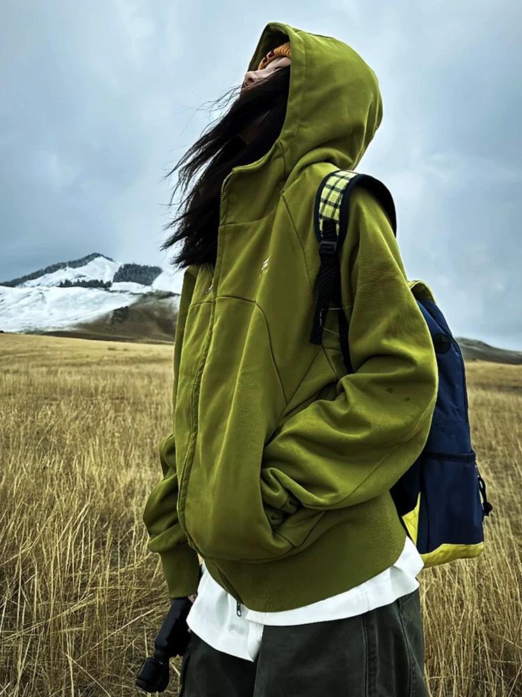Women s Autumn Green Heavyweight Hooded Sweatshirt Jacket - Trendy, Loose Fit Casual Cardigan M