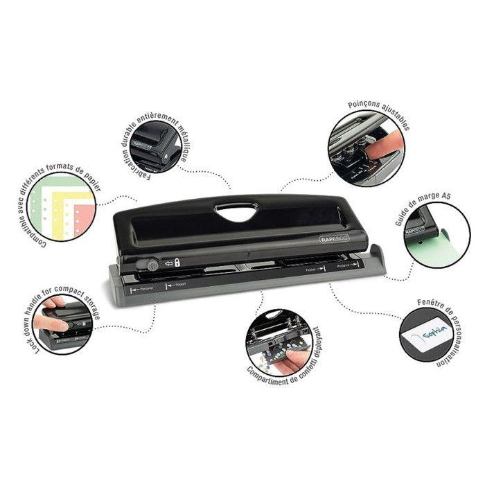 Perforateur - 6 trous - métal - noir - capacité 9 feuilles - rapesco