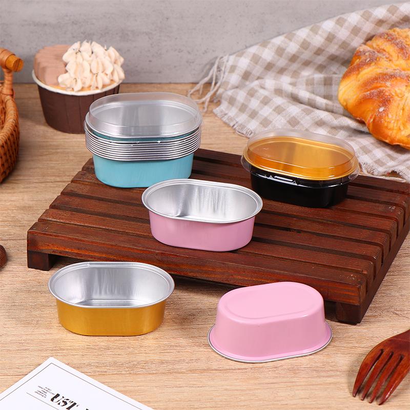 10Pcs Aluminum Foil Cupcake Cups With Lids Non-Stick Foil Baking Cups 68Ml Oval Pudding Dessert Cups Wedding Party Supplies