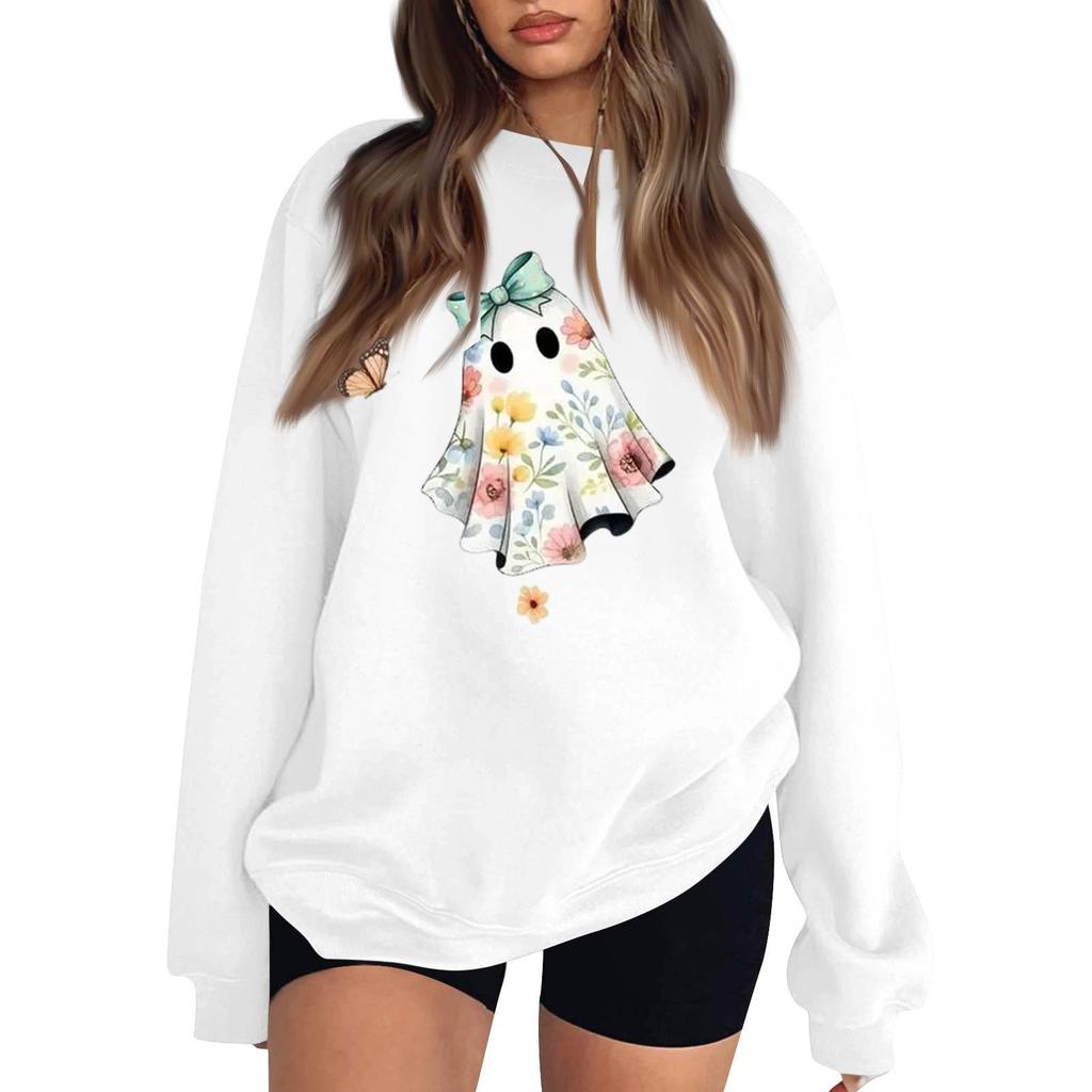 Women's Long Sleeve Neck Sweatshirt Loose Fit Casual Pullover Top, Color and Halloween Small Print