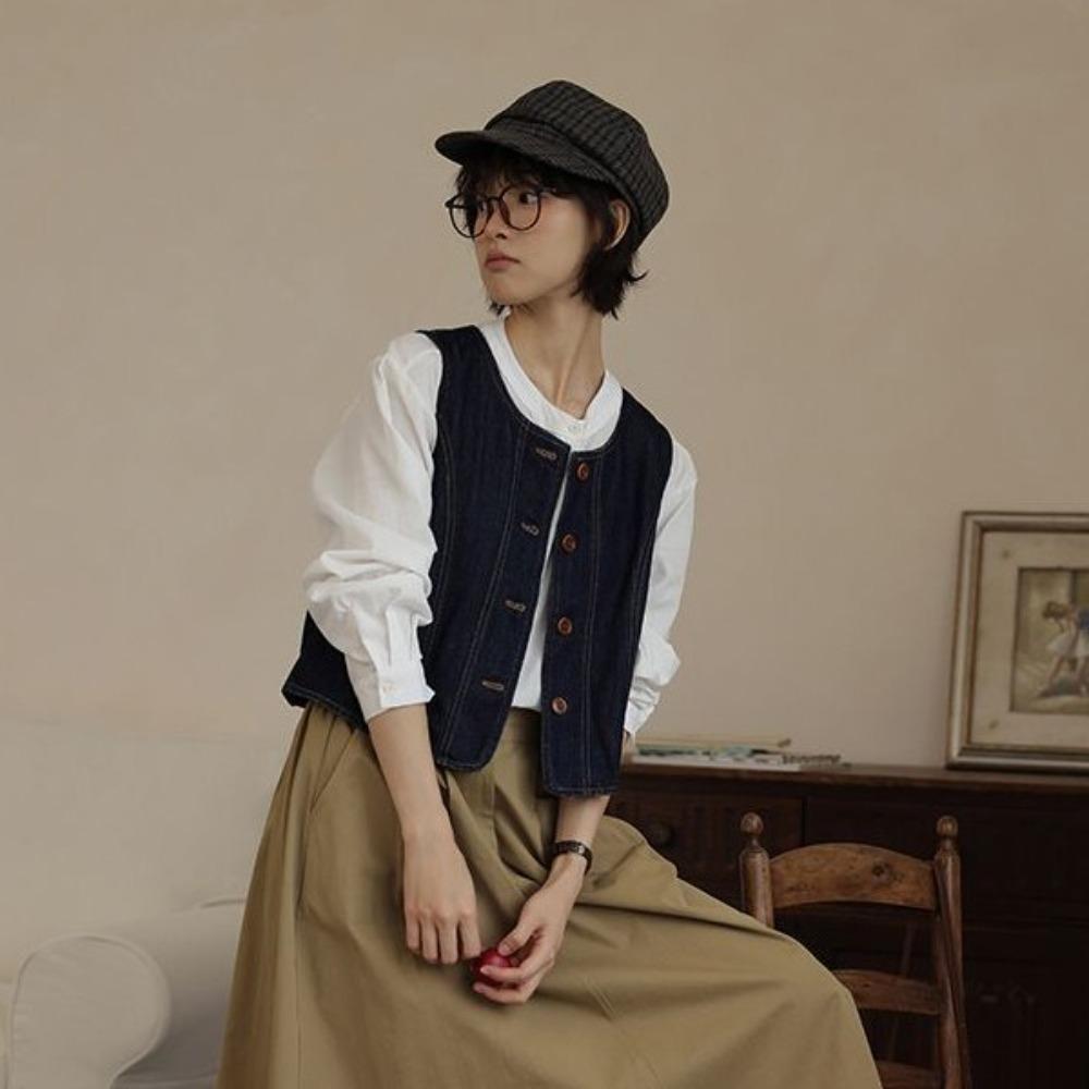 All Match Vintage Denim Vests Blue Cropped Sleeveless Jacket Simple Button-up Short Coats  Ladies